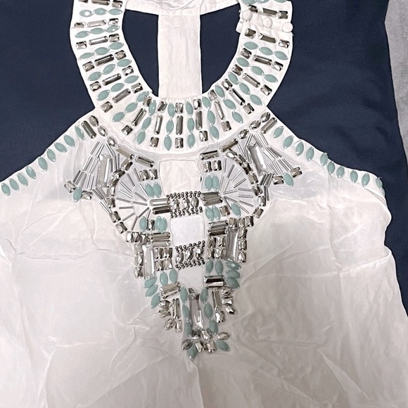 BEBE 100% Silk Ivory Cleo White Tunic Size XXS Embellishments Turquoise gems - Picture 1 of 9